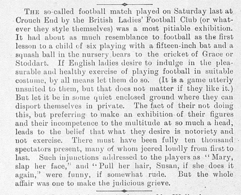 1895 newspaper criticism of the British Ladies’ Football Club match at Crouch End.