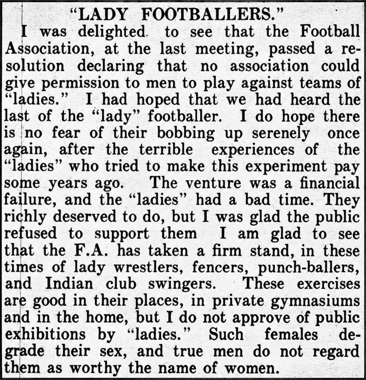 1902 Burnley Gazette clipping titled Lady Footballers criticising women playing football.