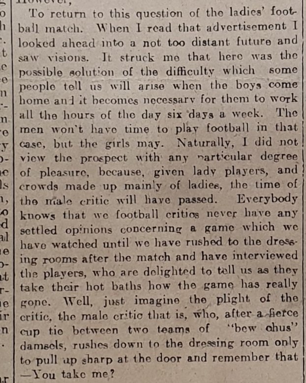 1916 Yorkshire Sports newspaper clipping discussing women's football.
