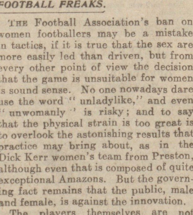 1921 Aberdeen Journal clipping headed Football Freaks discussing the FA ban on women footballers.