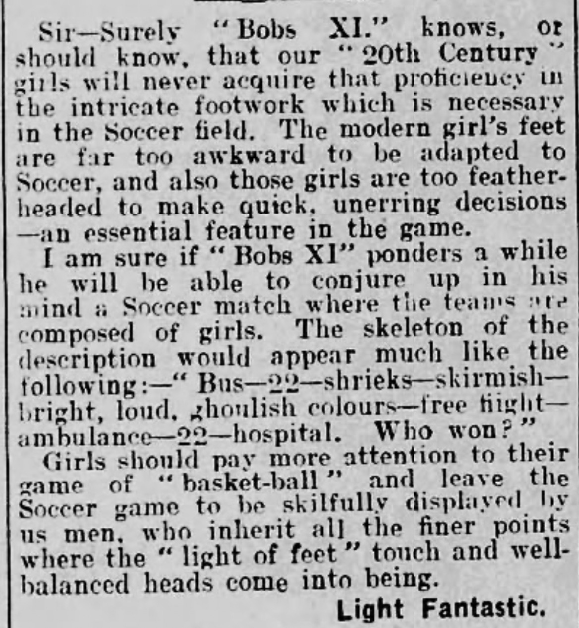 1937 Evening Herald clipping claiming girls would never acquire the footwork needed for soccer.