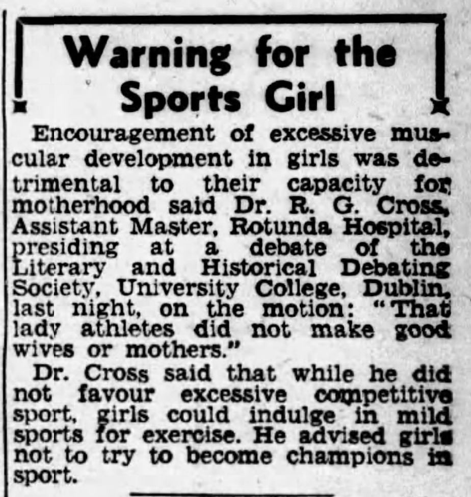 1944 Sunday Independent clipping warning that excessive muscular development in girls was detrimental to motherhood.