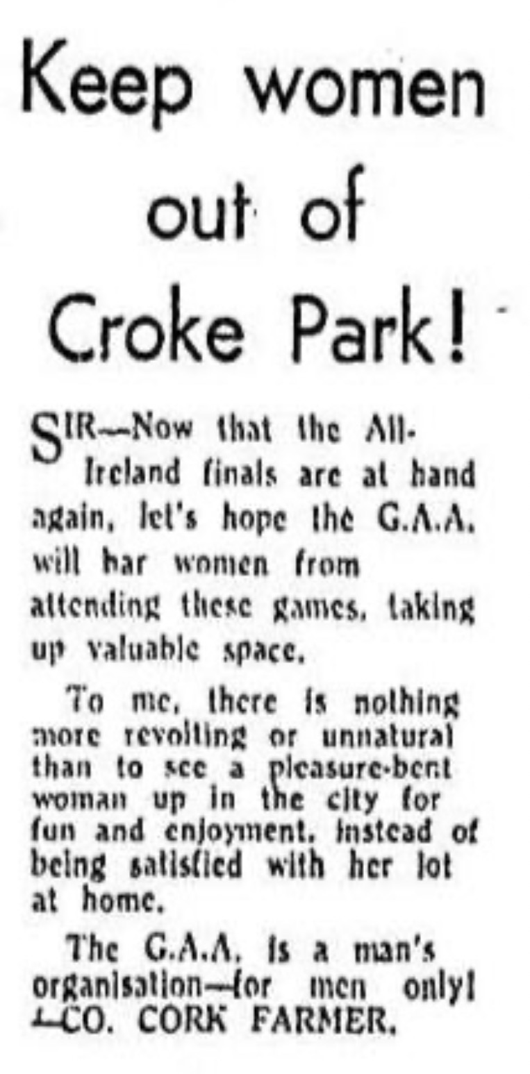 1967 Sunday Independent letter titled Keep women out of Croke Park.