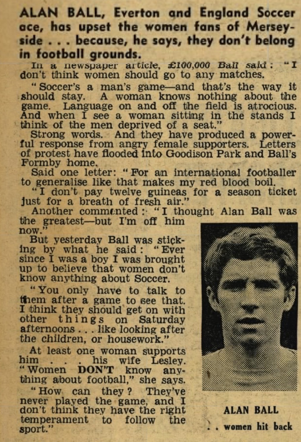 1968 Daily Mirror article quoting Alan Ball saying women do not belong at football matches.
