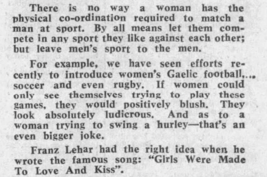 1977 Evening Herald clipping saying women lack the physical coordination to match men at sport.