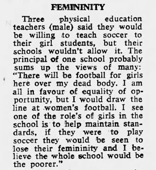 1981 Irish Independent clipping in which a school principal argues girls playing football would lose their femininity.
