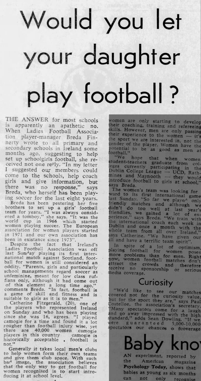 1982 Irish Independent article asking whether parents would let their daughters play football.