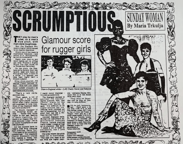 1991 Sunday Mirror clipping headlined Glamour score for rugger girls.
