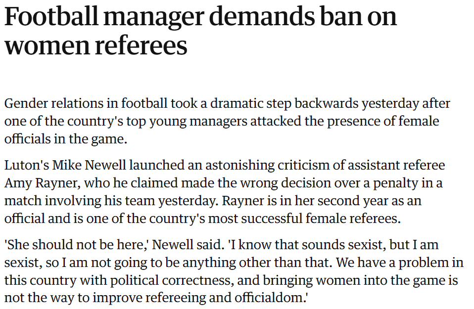 2006 Guardian article reporting Mike Newell's comments on female referees.