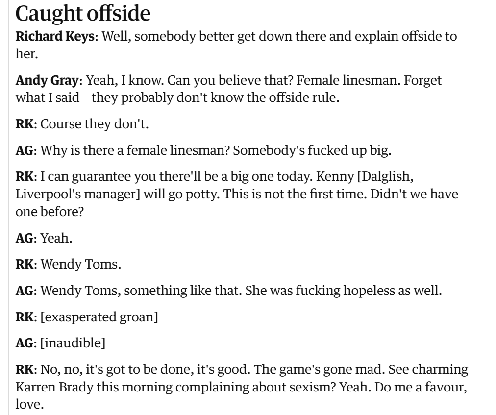 2011 Guardian report excerpt reproducing off-air comments by Richard Keys and Andy Gray about female football officials.