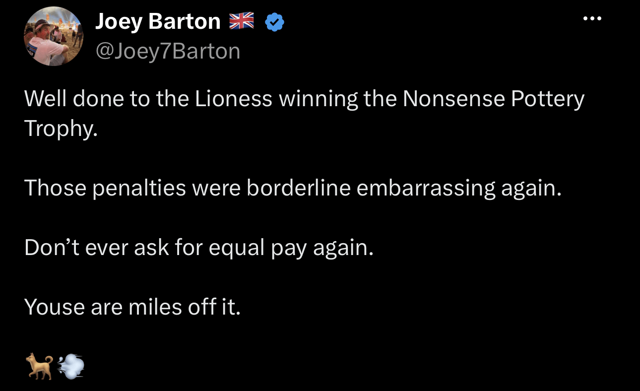 2025 X post by Joey Barton criticising the Lionesses after winning the European Championship.
