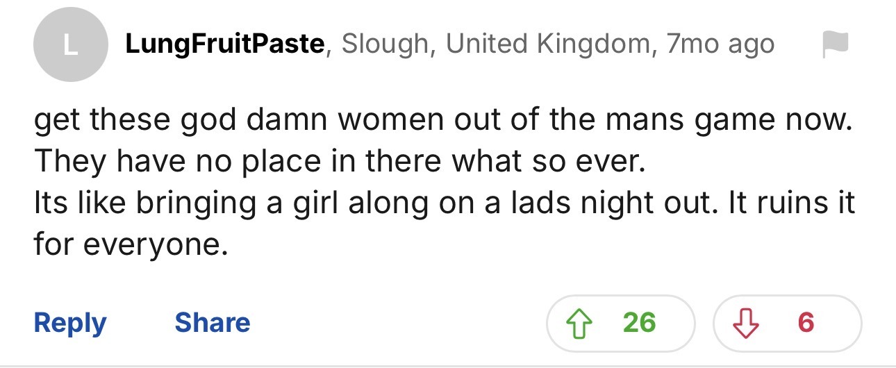 2026 Daily Mail reader comment arguing women should be kept out of men’s football.