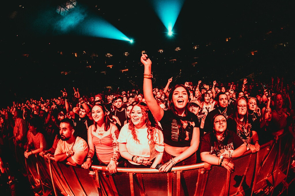 Fans at the front barrier raise their hands during the Balu Brigada set.