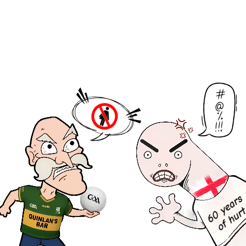 Cartoon of angry England and Ireland sports supporters.