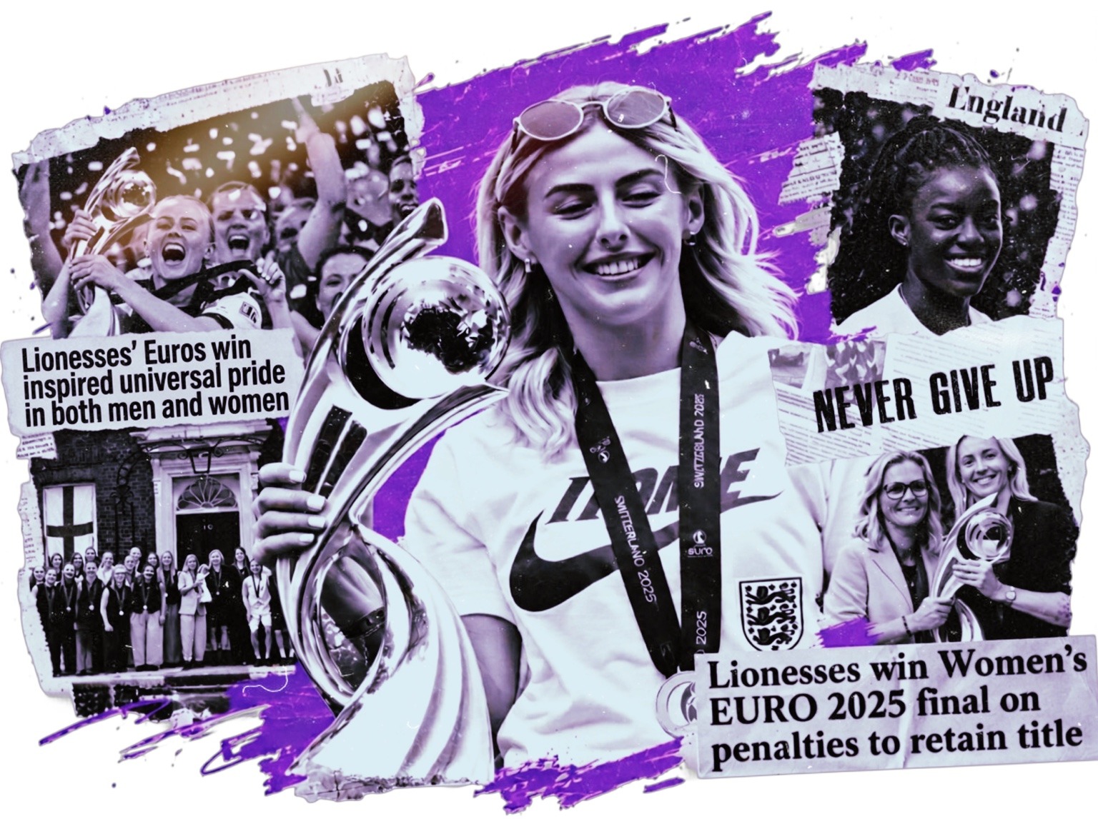 Purple collage of Chloe Kelly holding the Women’s Euros trophy, with black-and-white England women’s football celebration images.