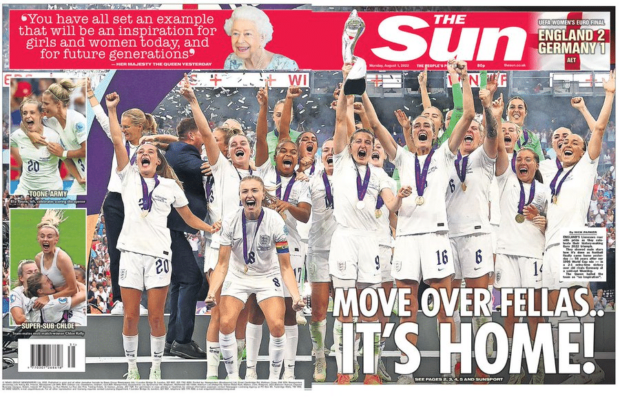 The Sun front page from 2022 covering England Women winning the Euros, with the headline “Move over fellas.. it’s home!”