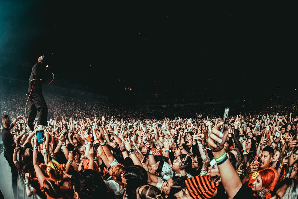 A performer stands above the crowd as fans reach towards the stage.